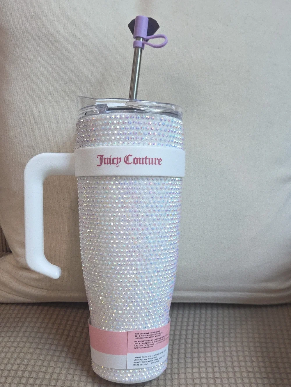 NWT Juicy Couture Iridescent Crystal Hot/Cold 40 oz. Cup with White Handle